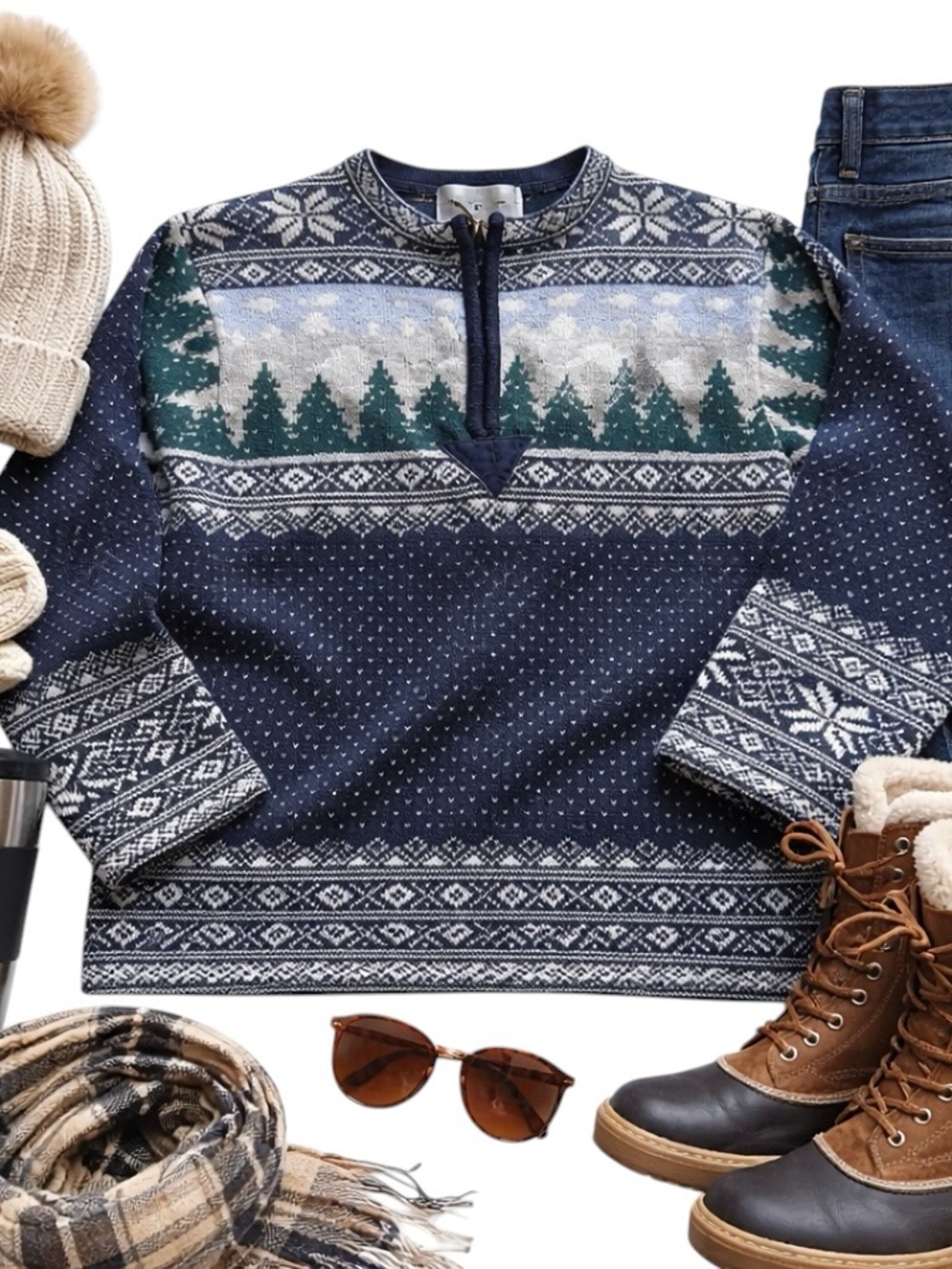 Paris Sport Club Shetland Wool Nordic Fair Isle Sweater Blue Zip Small in EUC